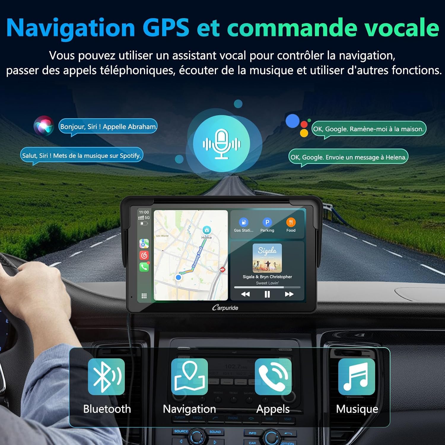 Autoradio CARPURIDE, portable sans fil Carplay & Android Auto, radio tactile 7 pouces 1080P HD avec BT 5.0, prise en charge Mirror Link, support de tableau de bord pour camion camping-car