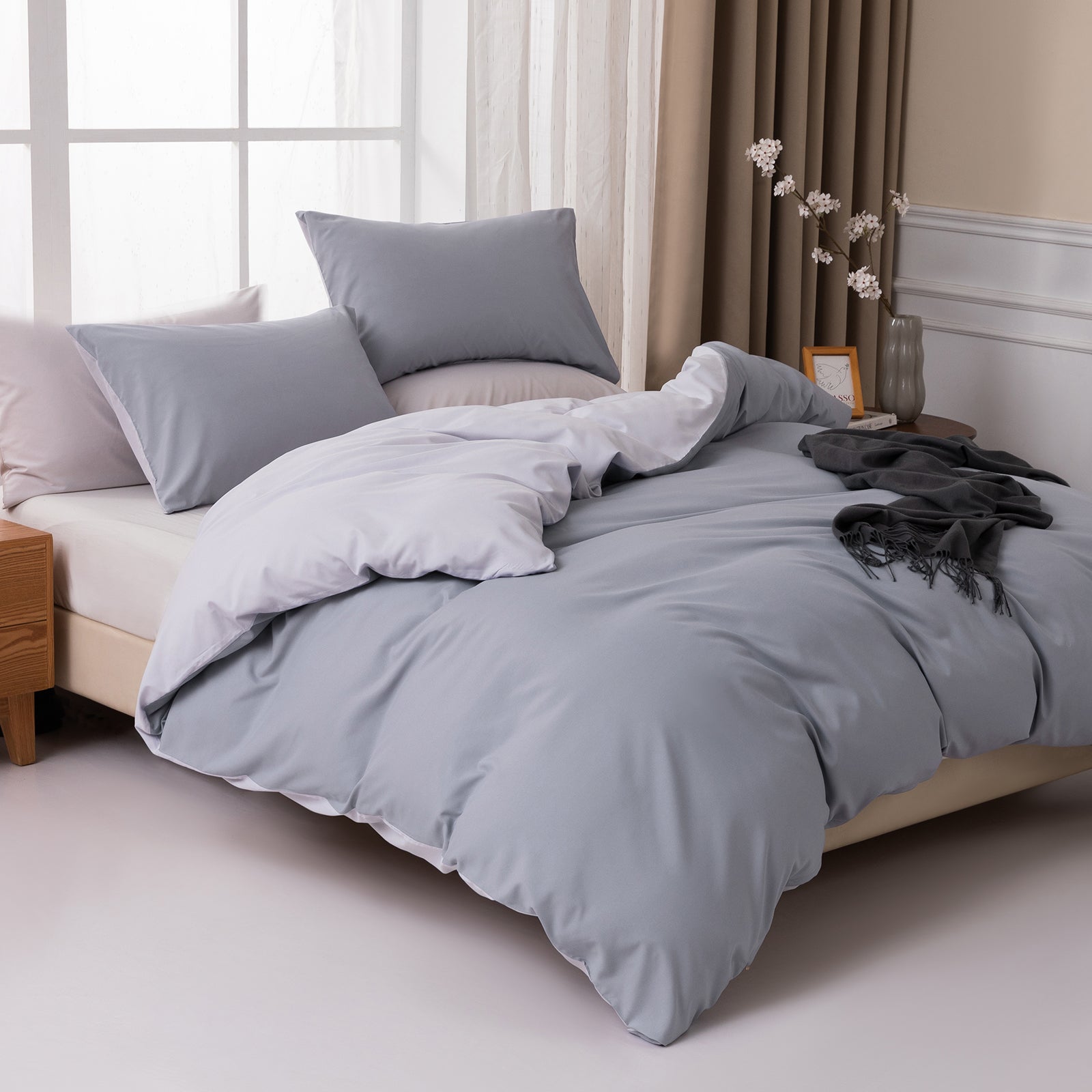 MENDALE Housse de couette - Ensemble de literie de qualité supérieure - Housse de couette 135*200 cm avec taie d'oreiller 80*80 cm - Microfibre douce brossée - Gris foncé et gris clair