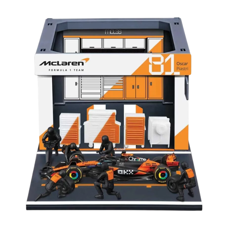 1/43 Bburago Pit-Stop McLaren MCL39 (véhicule + figurines de mécaniciens + paddock + accessoires) #81 Piastri