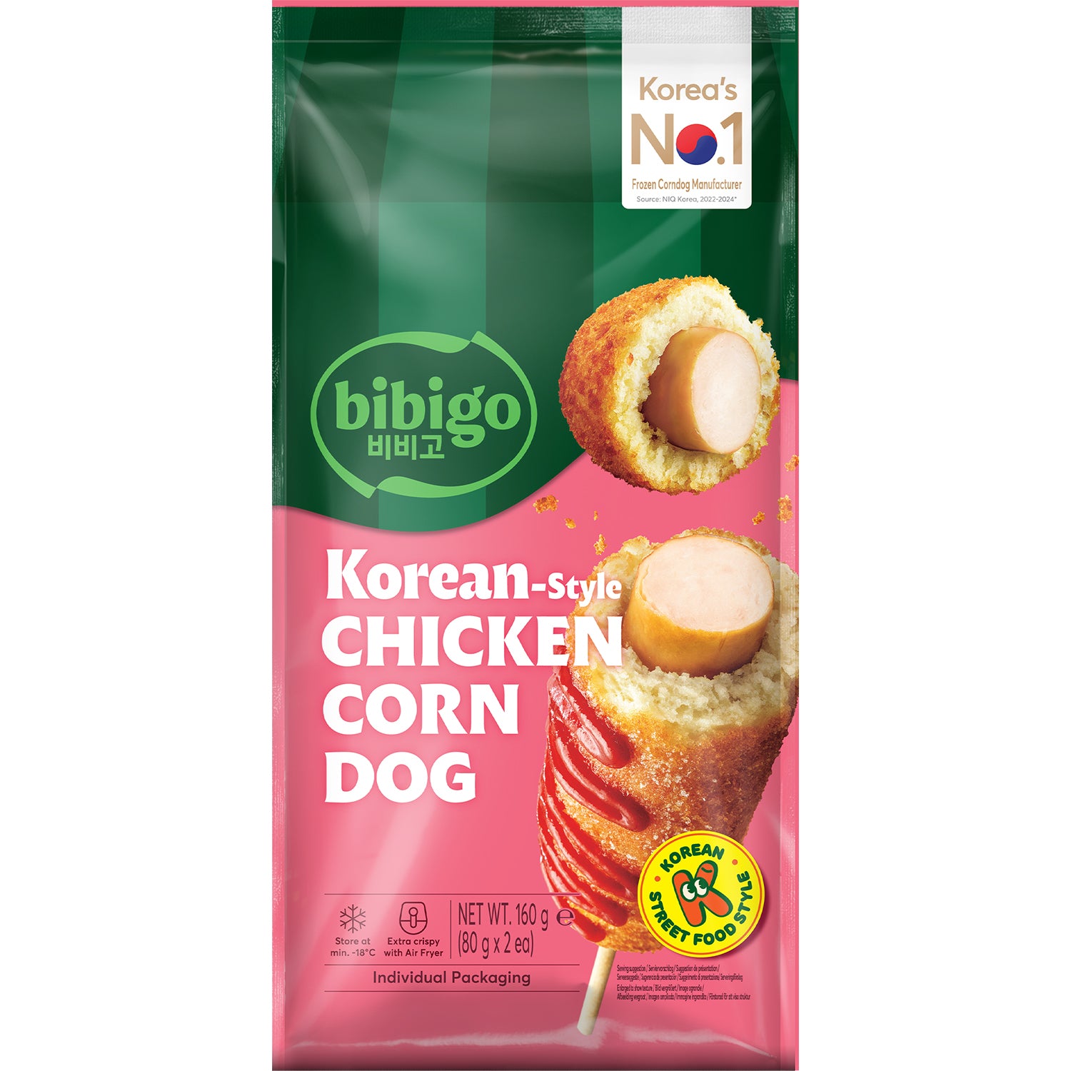 BIBIGO Lot de 2 corn dogs au poulet à la coréenne - 160 g