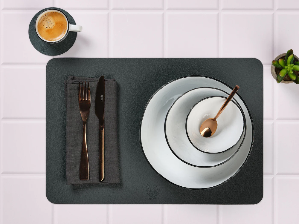 Björn Lot de 6 set de table rectangulaires réversibles en cuir recyclé - Bleu nuit et gris anthracite