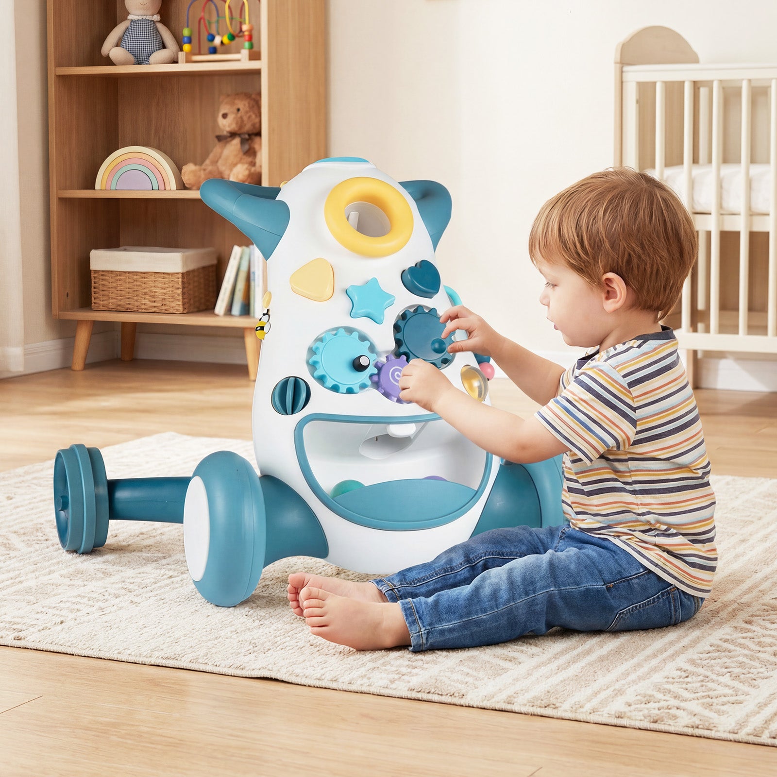 Poussette d'apprentissage pour bébé avec musique et lumières, aide à la marche, jouet de tri de formes et engrenages rotatifs, bleu
