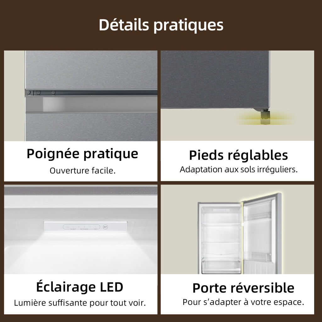 CHiQ JR227LSE Combiné réfrigérateur-congélateur, 227 L, Argent, Faible givre, Congélation 4 étoiles, Réfrigérateur 153 L et congélateur 74 L, Largeur compacte 54 cm, Porte réversible, Pieds réglables [Classe énergétique E]