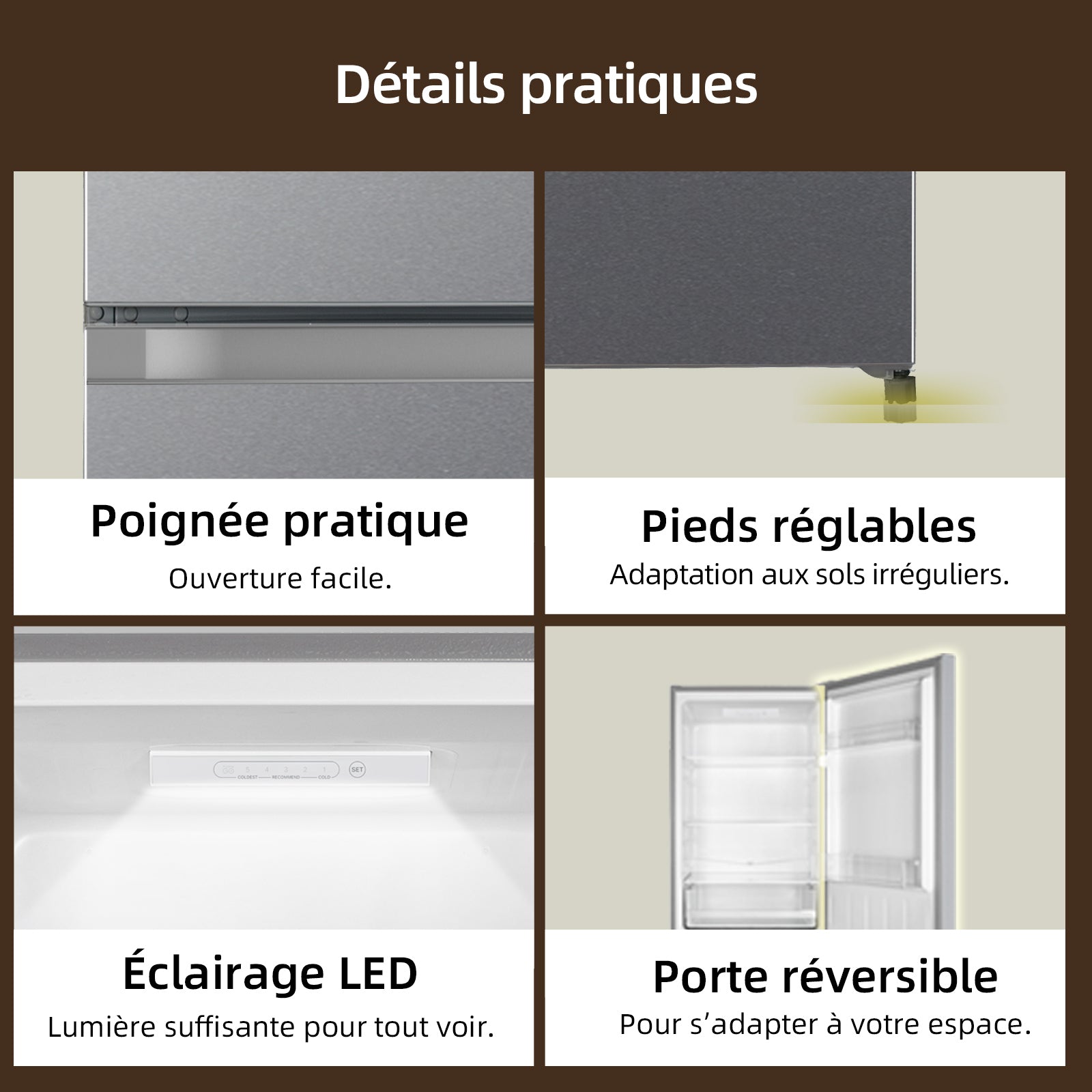 CHiQ JR227LSE Combiné réfrigérateur-congélateur, 227 L, Argent, Faible givre, Congélation 4 étoiles, Réfrigérateur 153 L et congélateur 74 L, Largeur compacte 54 cm, Porte réversible, Pieds réglables [Classe énergétique E]