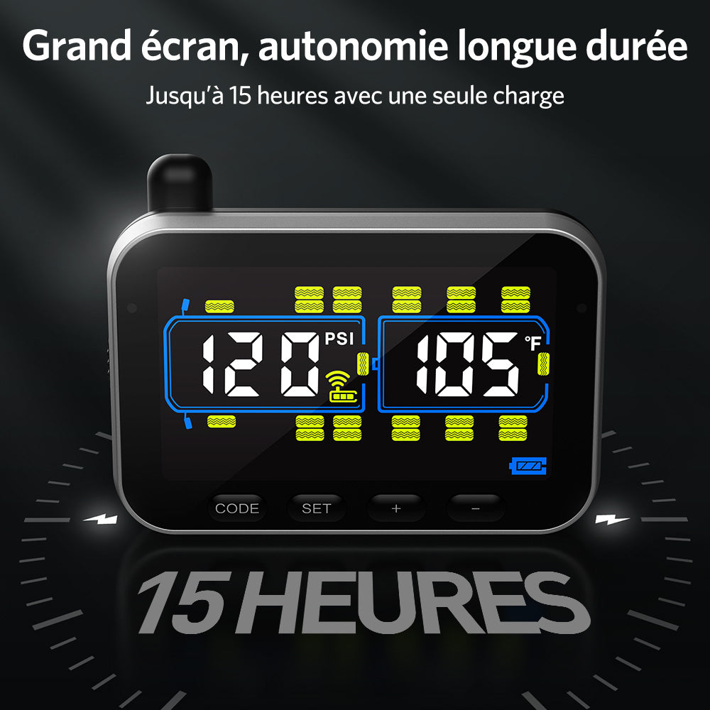 GUTA Système de surveillance de la pression des pneus pour camping-car/remorque avec 6 capteurs, surveillance en temps réel de 0 à 188 PSI, 6 alarmes, écran couleur LCD, répéteur