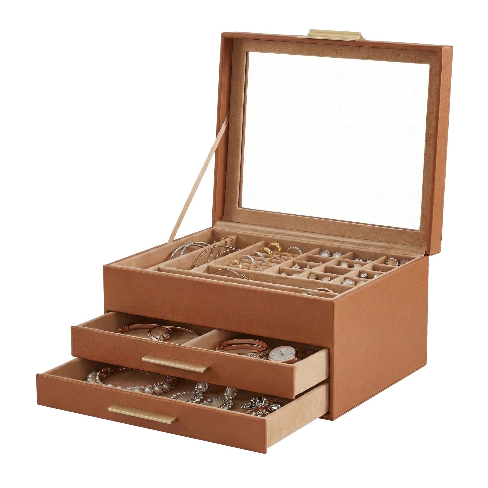 JOYFURNOS Boîte à Bijoux avec Couvercle en Verre, à 3 Niveaux, 2 Tiroirs, Marron et Doré