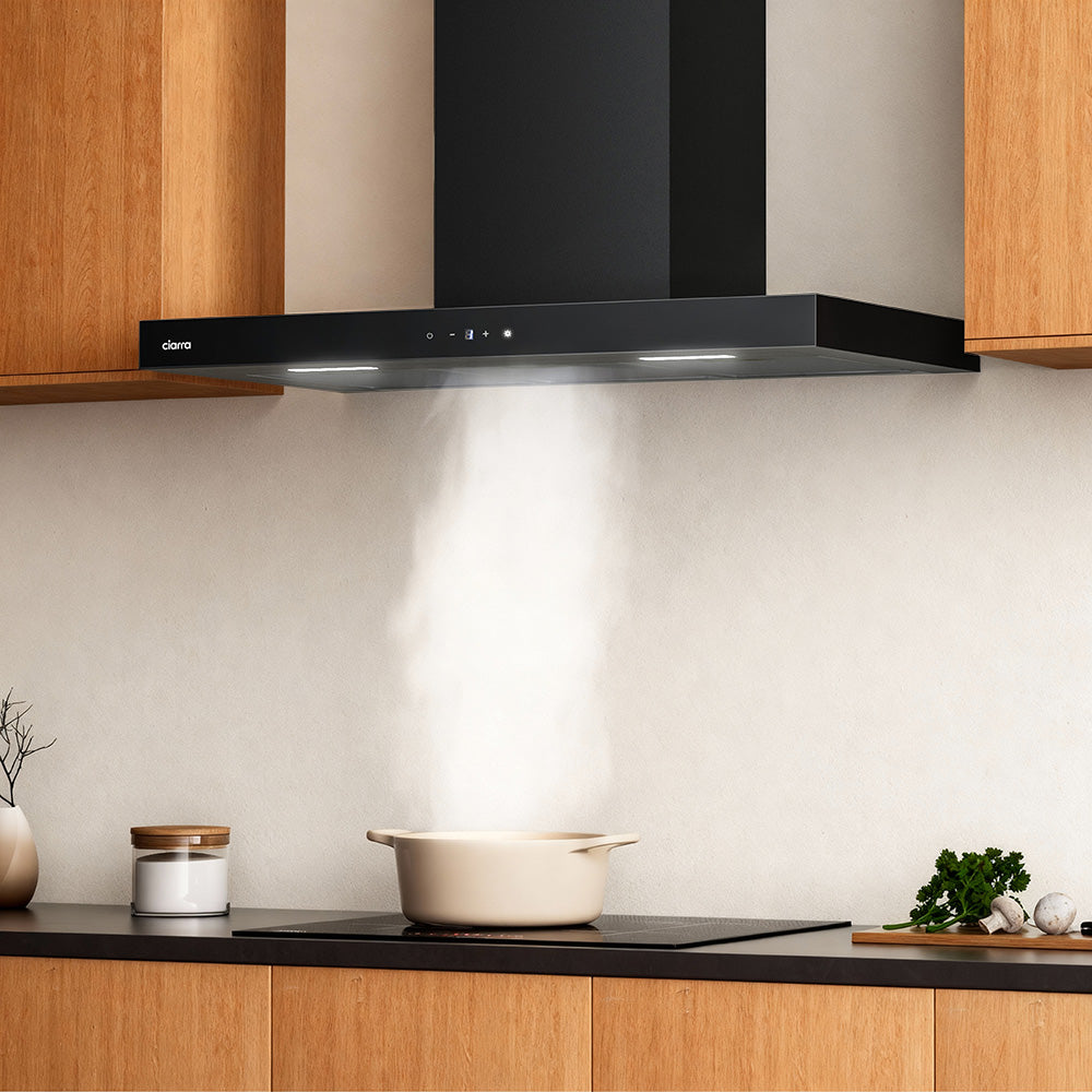 CIARRA Hotte aspirante à recyclage 90 cm, Wi-Fi et commande tactile par application, 650 m³/h, murale, 4 vitesses avec booster, noire, filtres en aluminium, classe énergétique A+++