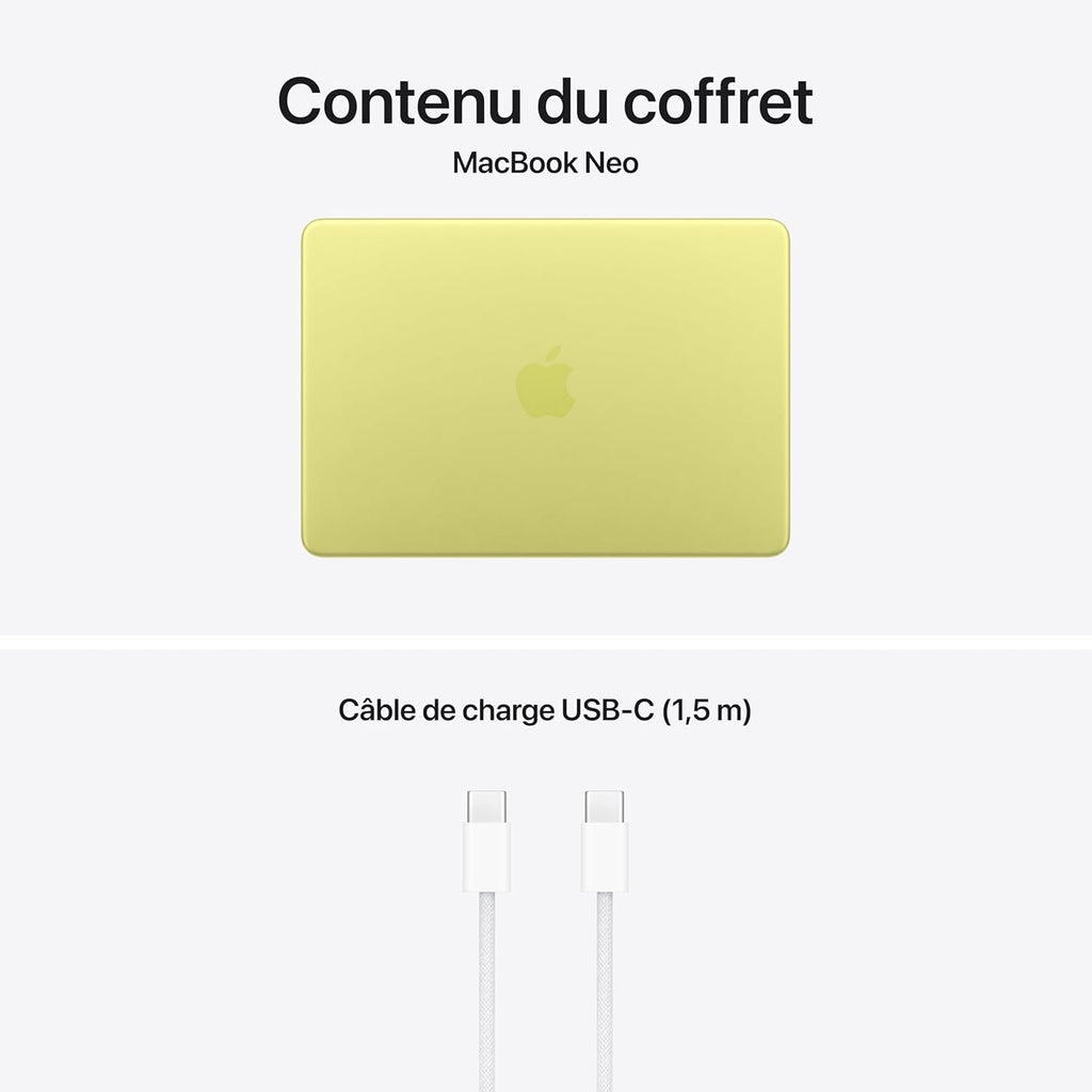 Apple MacBook Neo 13 pouces, 8 Go RAM, 256 Go SSD, Puce A18 Pro avec CPU 6 cœurs et GPU 5 cœurs, Citron, AZERTY