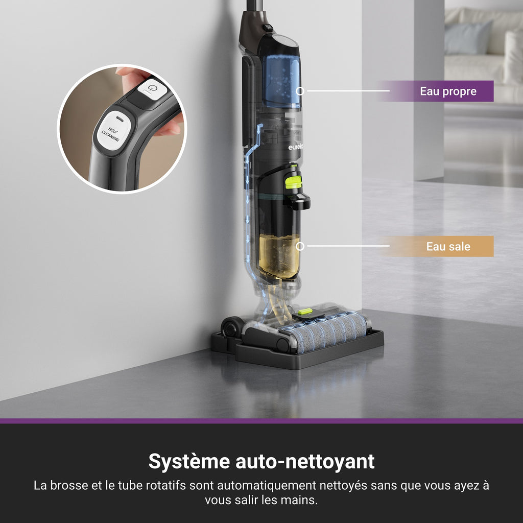 Eureka Aspirateur laveur sans fil eau et poussière, aspirateur laveur avec système autonettoyant, aspirateur léger pour parquets, animaux de compagnie et saletés collantes, Noir, NEW400