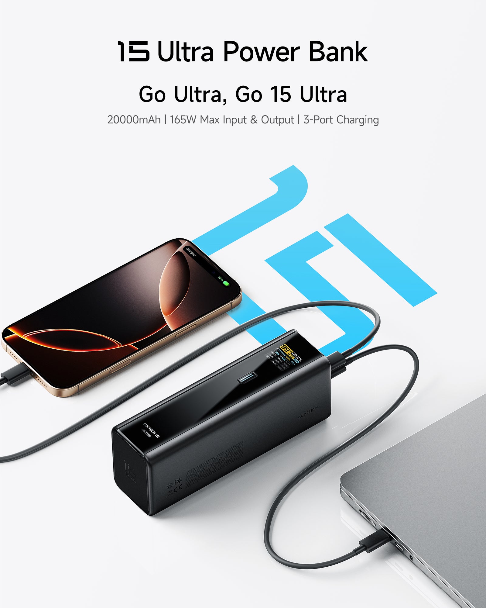CUKTECH 15 Batterie externe, 20 000 mAh, 140 W, chargeur pour ordinateur portable, chargeur USB-C 3 ports, charge rapide PD3.1, PB200U, Noir