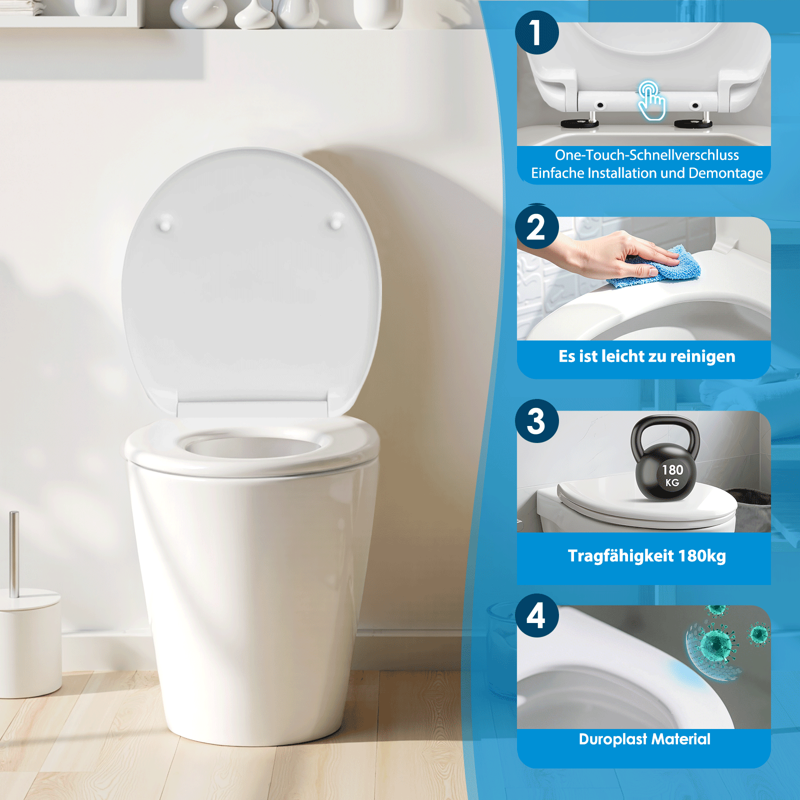 HomSeat Abattant WC en forme de O de qualité supérieure avec fonction d’arrêt en douceur – Fabriqué en plastique de haute qualité, 38,5 x 37,0 cm, 1 ensemble