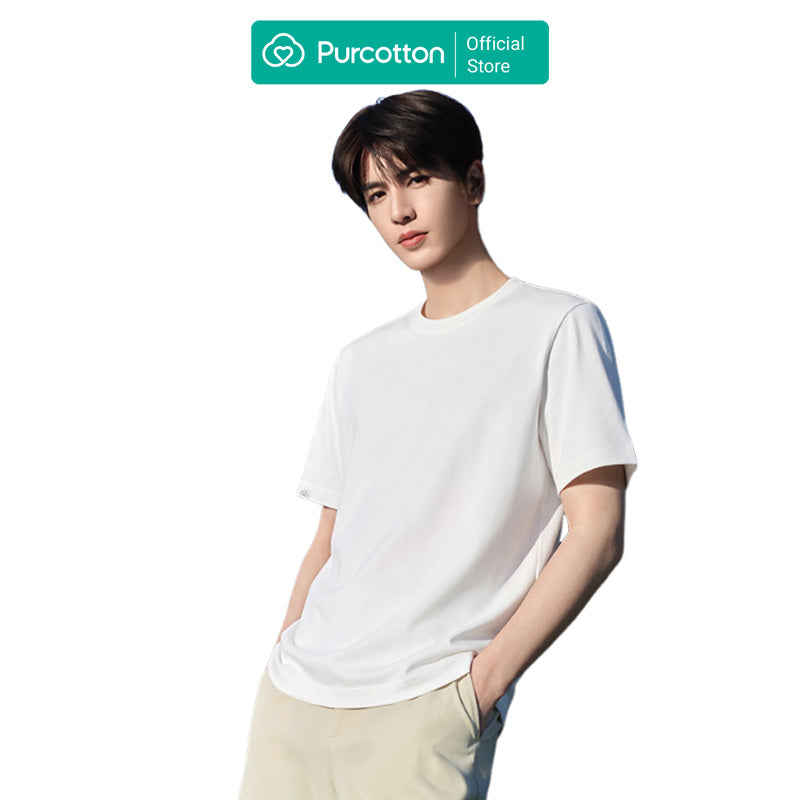 Purcotton T-shirt à Col Rond Antibactérien pour Homme - Antibactérien & Doux pour la Peau - Polyvalent & Basique - Commutation Quotidienne - Blanc - 180/100A
