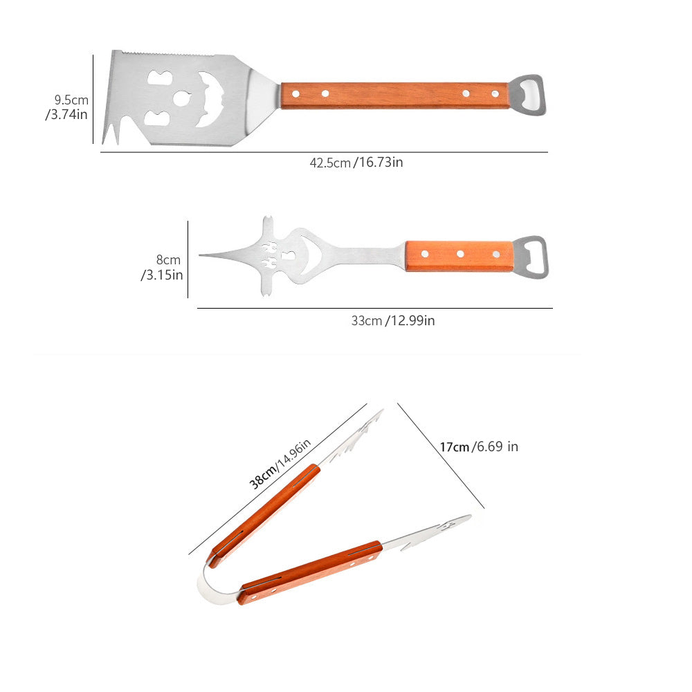 Huacan Set de 3 ustensiles de barbecue en acier inoxydable et manche en bois avec fourchette, spatule et pince à viande