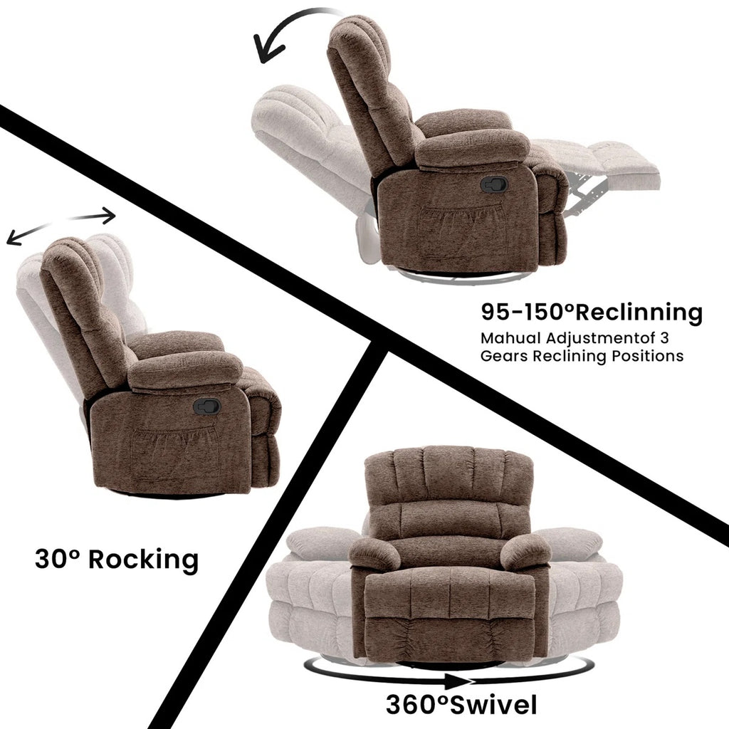 HONEYOU Fauteuil relax pivotant surdimensionné avec cadre OKIN, fauteuil à bascule coulissant 360°, fauteuil relax manuel très rembourré pour salon et chambre, Marron