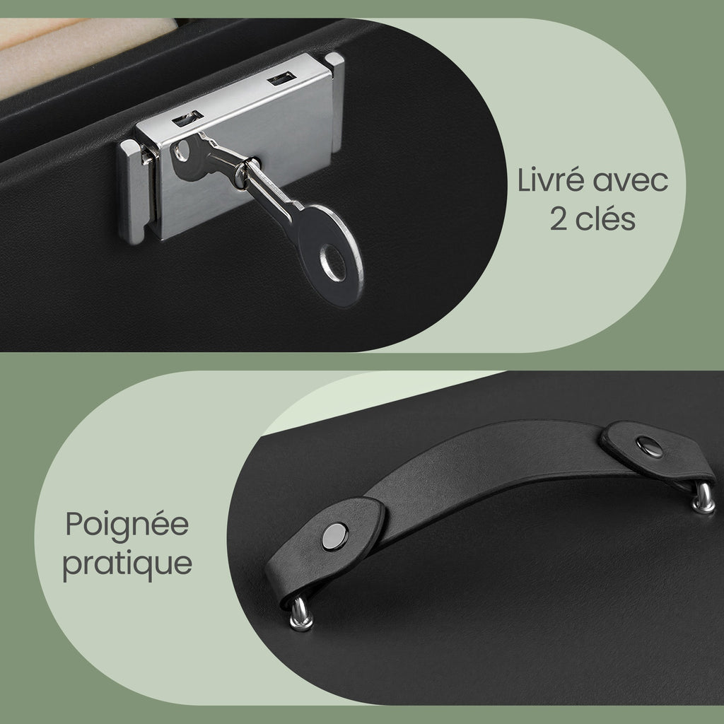 JOYFURNOS Boîte de voyage pour bijoux avec miroir, 2 tiroirs, verrouillable, idée cadeau, noir