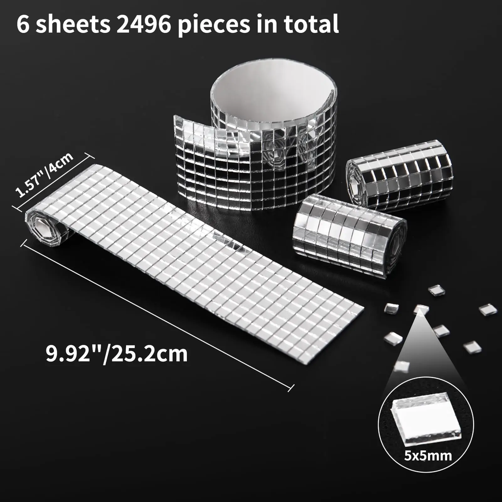 Art3d Carreaux de mosaïque en verre miroir carrés autocollants, Argent, 6 rouleaux (2364 pièces), pour loisirs créatifs, Décoration murale, Cadres de miroir et Accessoires de scène
