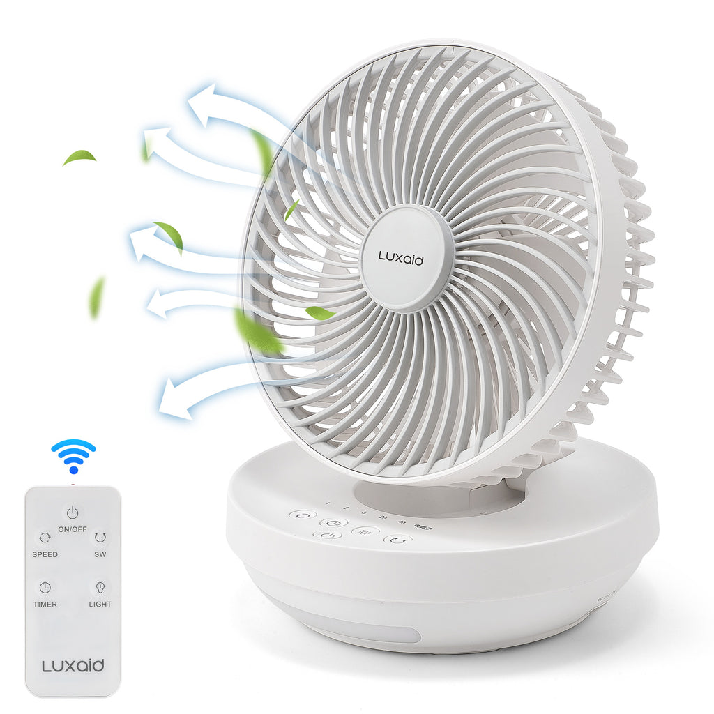 Luxaid Ventilateur de bureau pliable avec télécommande, batterie 4000 mAh, chargement USB-C, 3 vitesses, minuterie 4 h, veilleuse, montage mural, portable et compact.