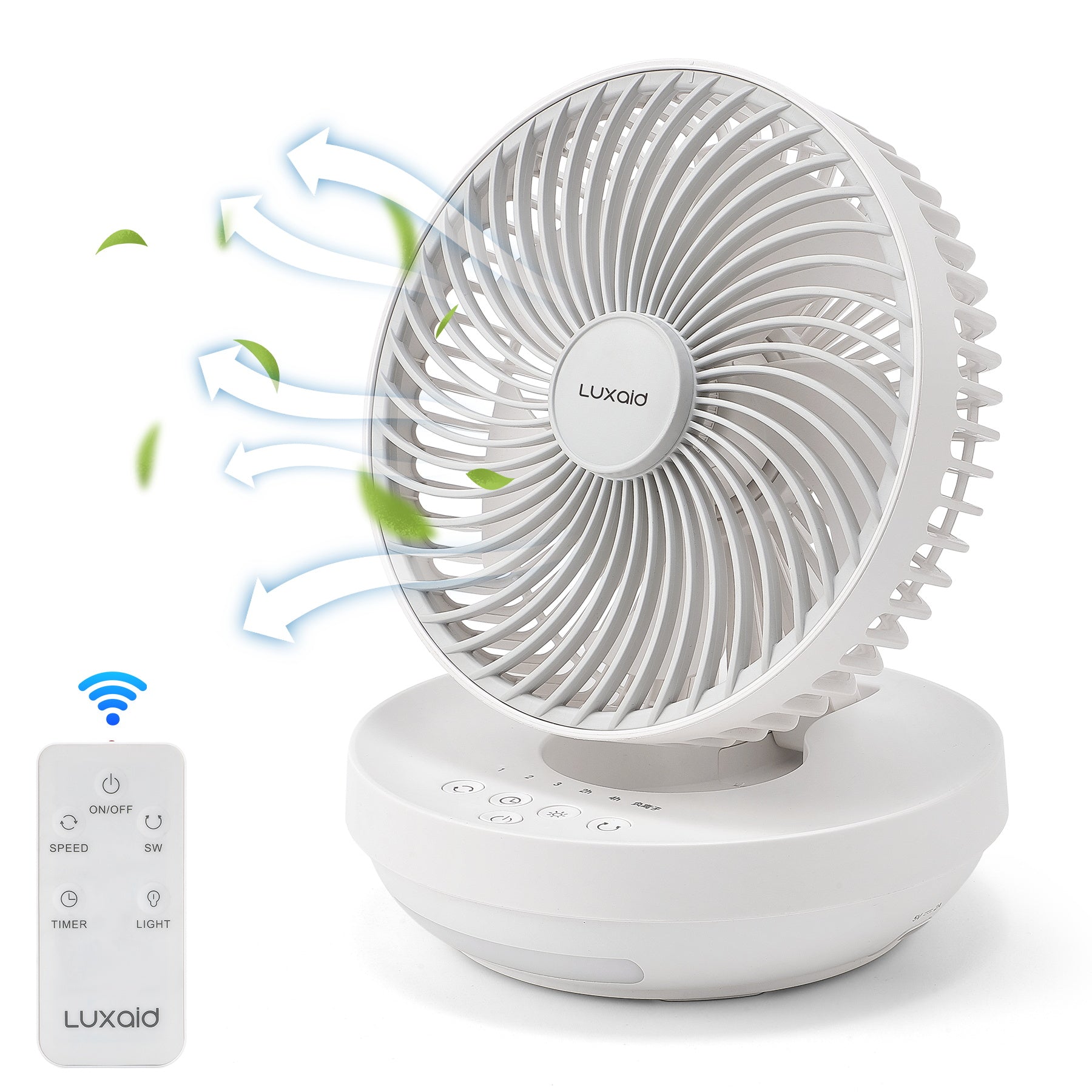 Luxaid Ventilateur de bureau pliable avec télécommande, batterie 4000 mAh, chargement USB-C, 3 vitesses, minuterie 4 h, veilleuse, montage mural, portable et compact.
