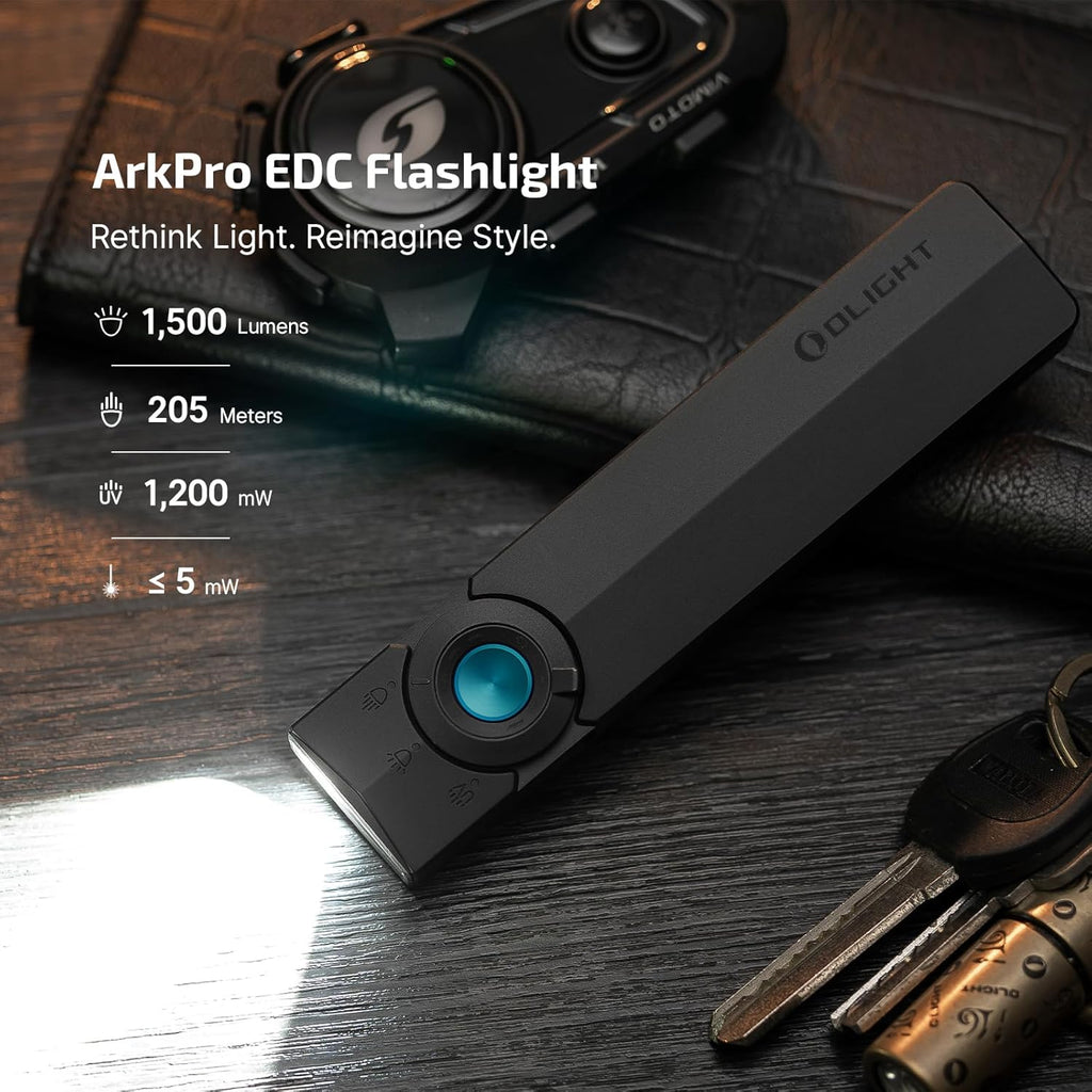 Olight Série ArkPro Lampe de poche EDC à corps monobloc plat avec sources lumineuses multiples