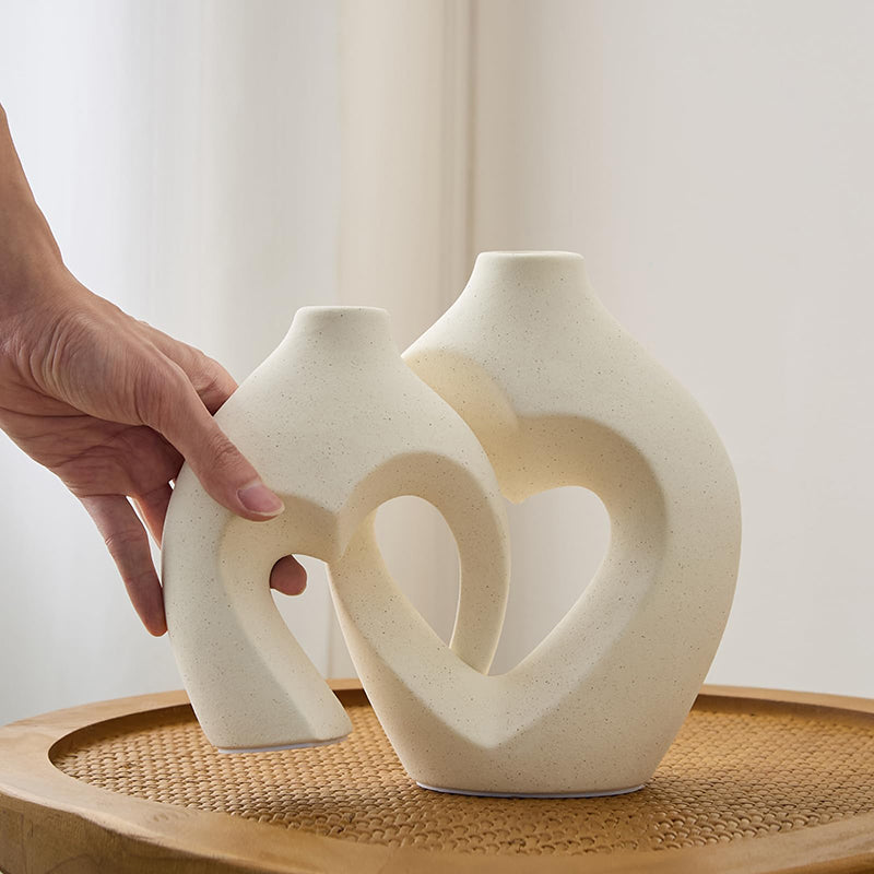 Lot de 2 vases en forme de cœur en céramique - Blanc