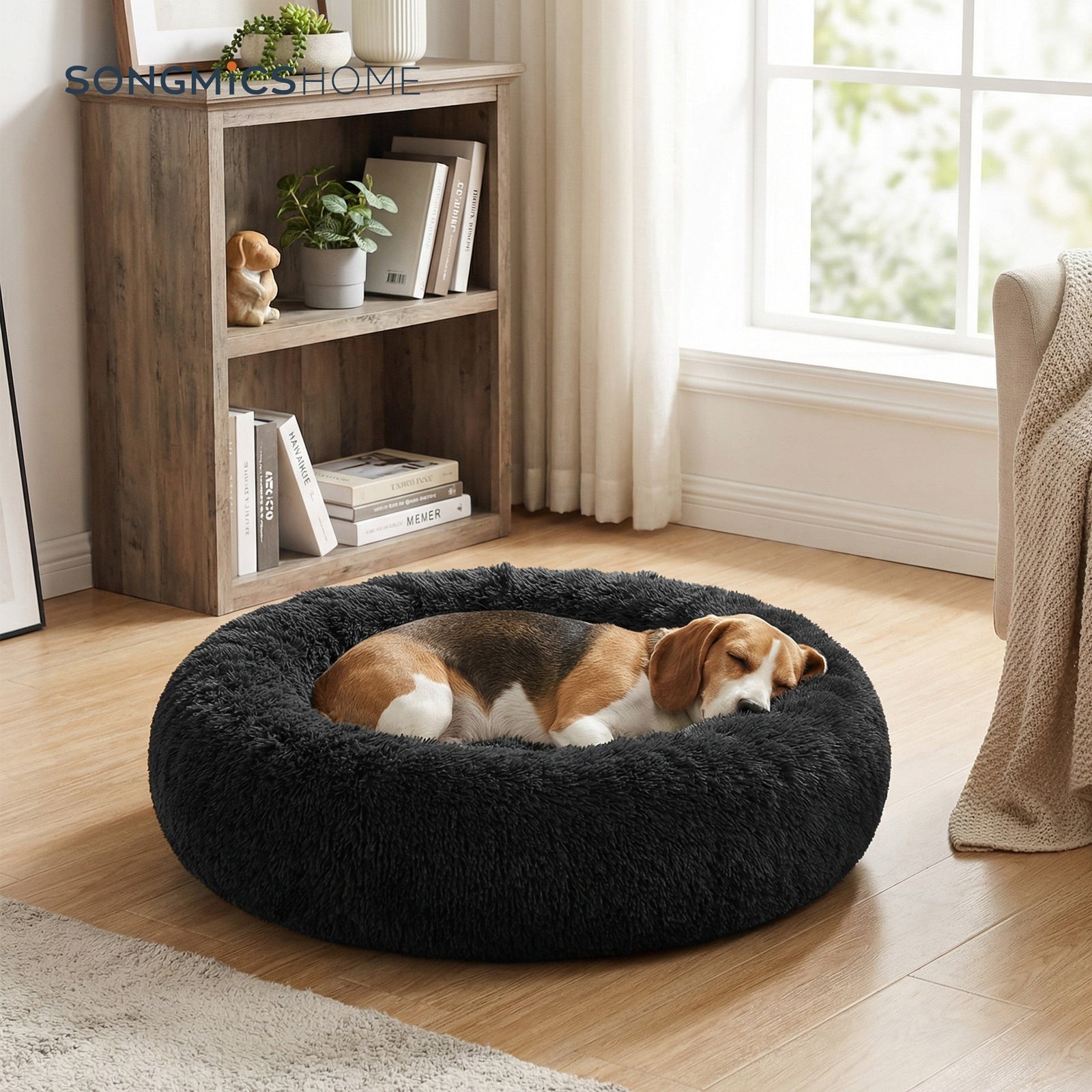 JOYFURNOS Lit donut apaisant moelleux pour chien avec housse amovible lavable, Noir