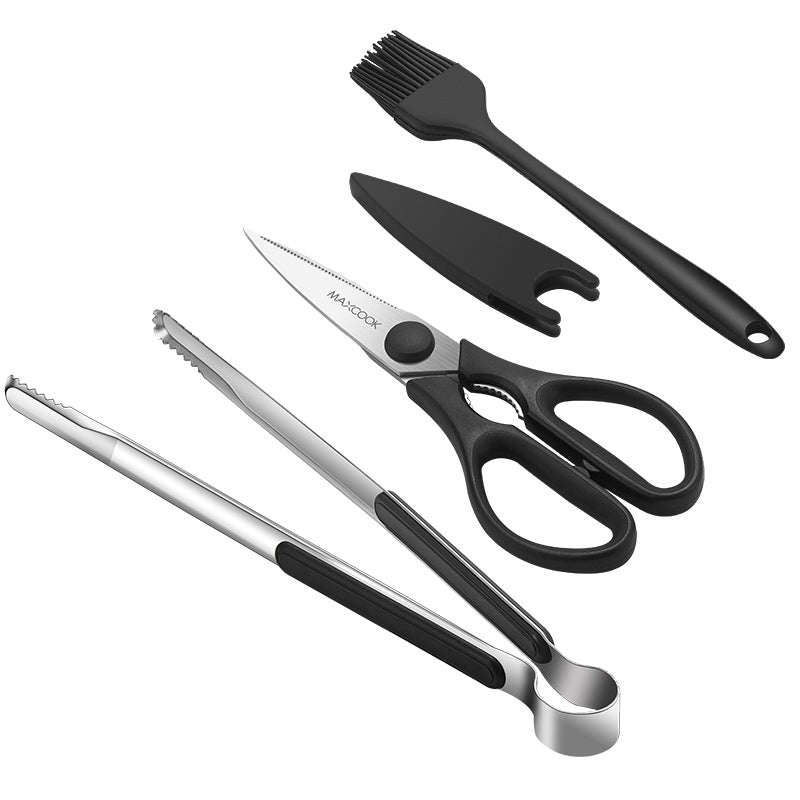 Maxcook MCPJ9562 Lot de 3 accessoires de barbecue en acier inoxydable avec pinces à barbecue, pinceau à huile et ciseaux - Noir