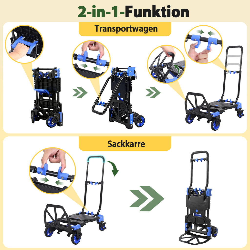 Sekey Diable pliable 2-en-1, Chariot de transport pliable en aluminium, Diable pliable et chariot plateforme, Charge maximale 150 kg
