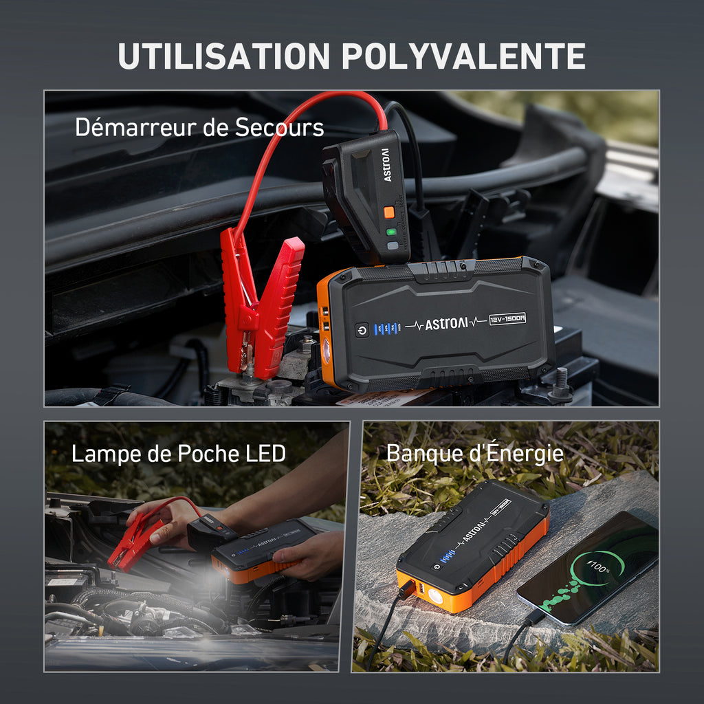 AstroAI S8 Batterie de démarrage pour voiture, booster de démarrage portable 12 V pour moteurs essence jusqu’à 6,0 L et diesel jusqu’à 3,0 L, lampe torche à 3 modes et câble de démarrage