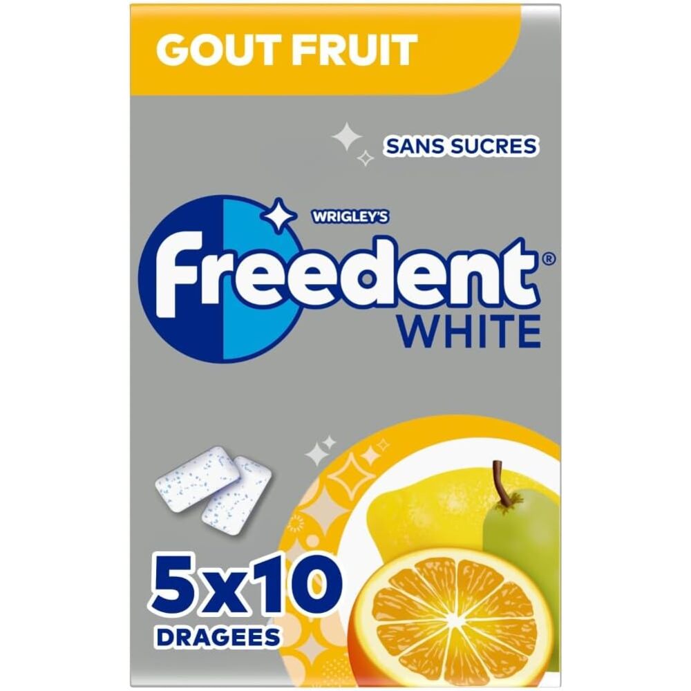 FREEDENT Chewing Gum Whitening, Fruits, 5 paquets de 10, sans sucre, 70 g