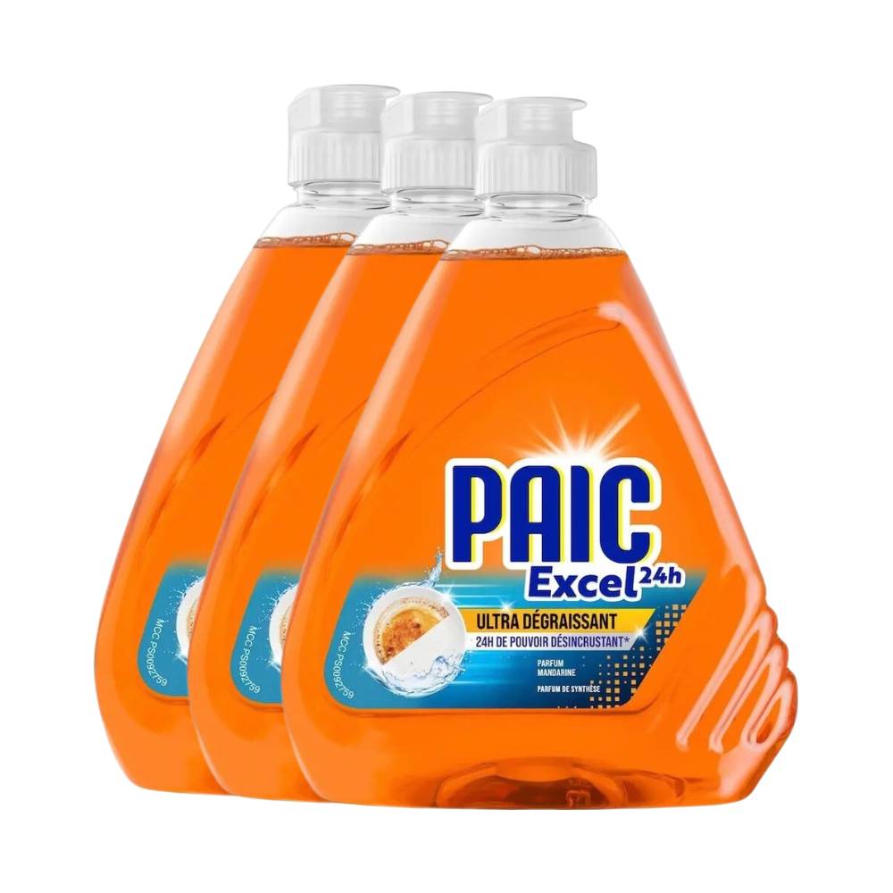 PAIC Excel 24h Ultra Dégraissant Liquide Vaisselle Mandarine 3 x 500 ml (= 1,5 L)
