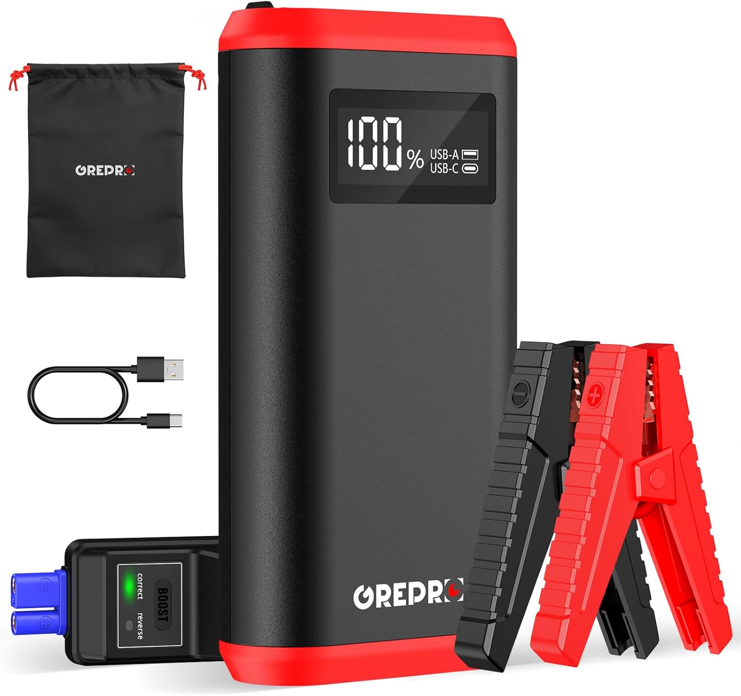 GREPRO Booster de Batterie 6000A, Démarreur de Voiture d’Urgence pour Véhicules 12V et Motos (jusqu’à 10,0L Essence / 8,0L Diesel), avec Écran LCD et Lampe Torche LED