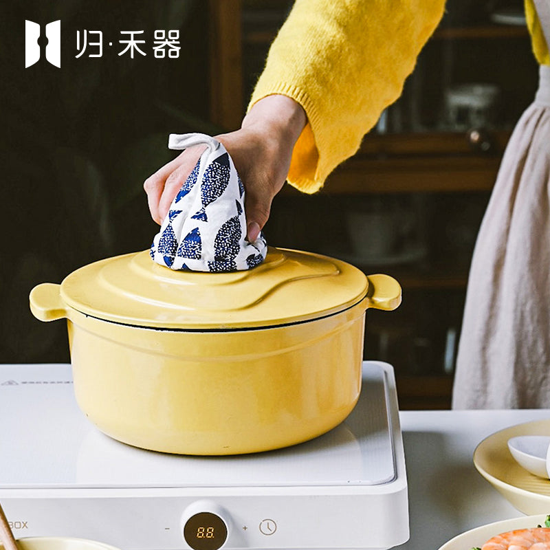 Marmite en fonte émaillée Guihe, marmite de cuisson sous pression multifonctionnelle colorée, compatible avec les plaques à induction, fond plat pour usage domestique, jaune Suli, 22 cm, 3,3 L