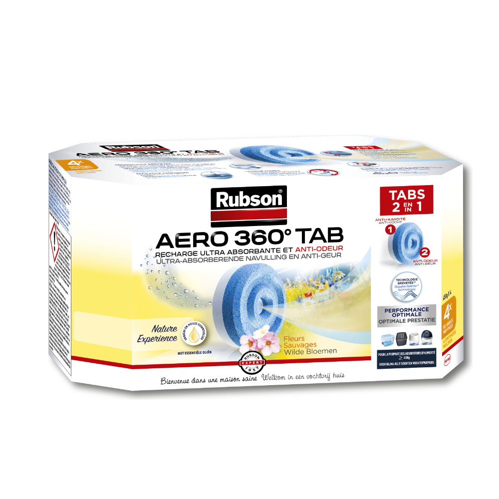 Rubson AERO 360 Recharges en tabs parfumé à la source de fraîcheur, recharges pour absorbeur d'humidité, ultra absorbantes et anti odeurs, recharge pour déshumidificateur, 4 x 450 g