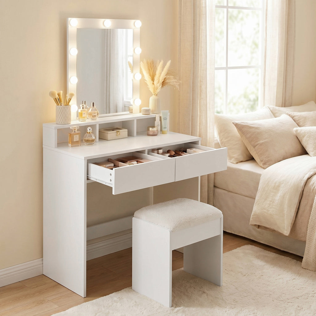 JOYFURNOS Coiffeuse avec Grand Miroir LED, 2 Tiroirs et 3 Compartiments, Coin Beauté, Style Moderne, Blanc