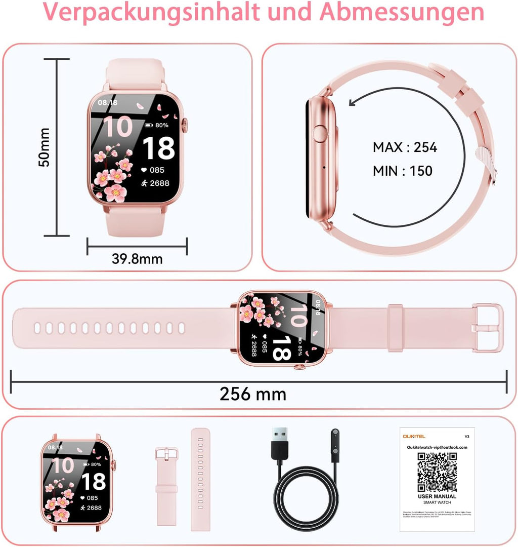 OUKITEL V3 Montre Connectée Rose-1,83" HD homme femme appel Bluetooth IP68 SpO2 cardio 100+ modes sportifs Android iOS