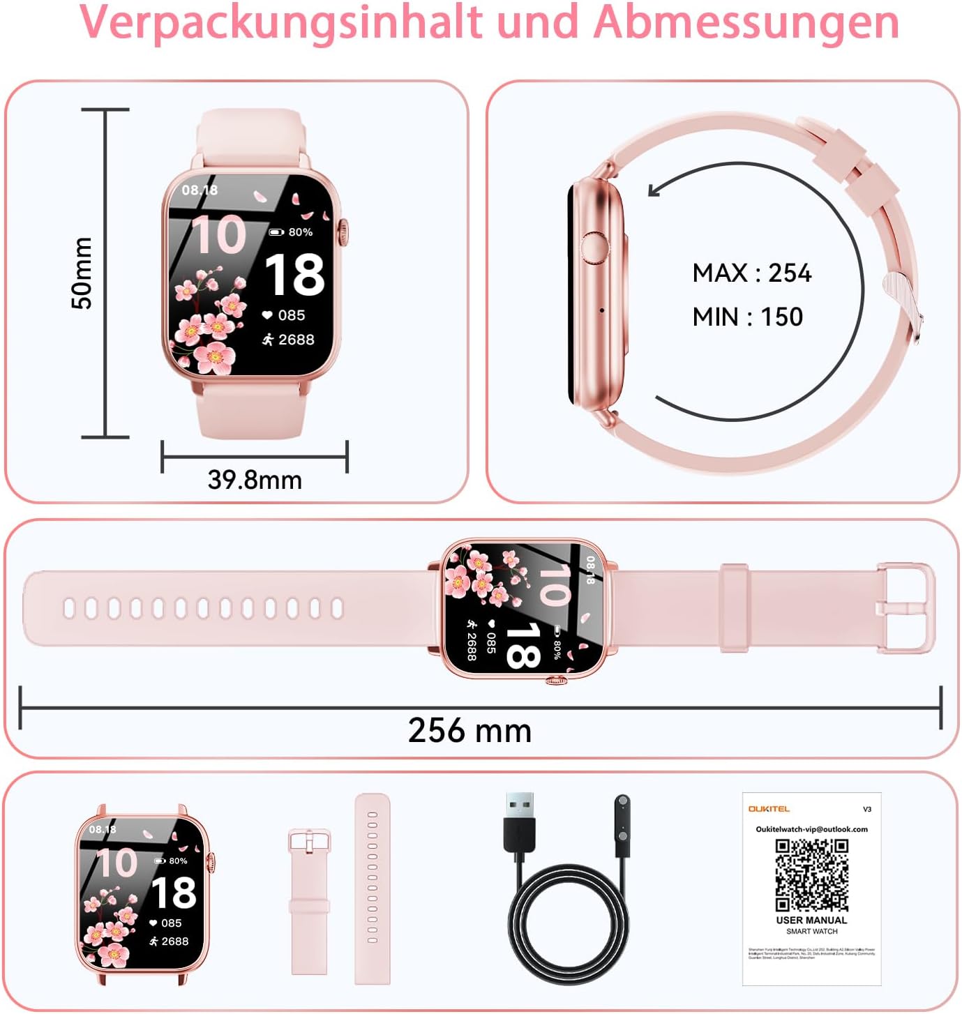 OUKITEL V3 Montre Connectée Rose-1,83" HD homme femme appel Bluetooth IP68 SpO2 cardio 100+ modes sportifs Android iOS