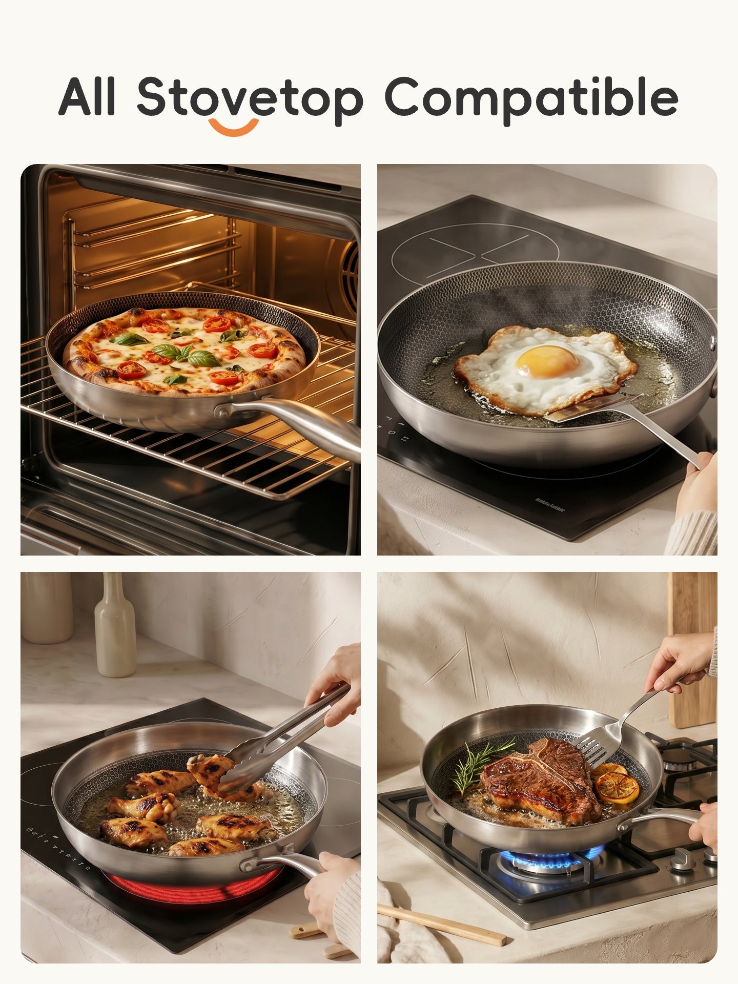 PURE COOK Set de 3 poêles à frire en acier inoxydable|20 cm|26 cm|30 cm|Poêles à bord coupé 304|Ustensiles de cuisson durables pour cuisine à domicile