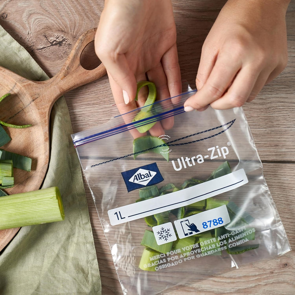 ALBAL Ultra-Zip sacs de congélation moyens, fermeture double zip, 27 x 24 cm, 3 L, lot de 15, fabriqués avec 70 % de matériaux recyclés