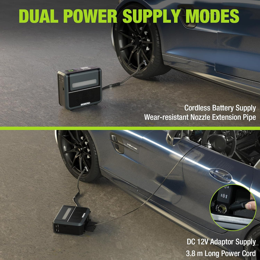 WORKPRO pompe à air électrique sans fil 3-en-1 avec éclairage LED, batterie externe intégrée, compresseur à batterie, écran d'affichage et protection d'arrêt automatique