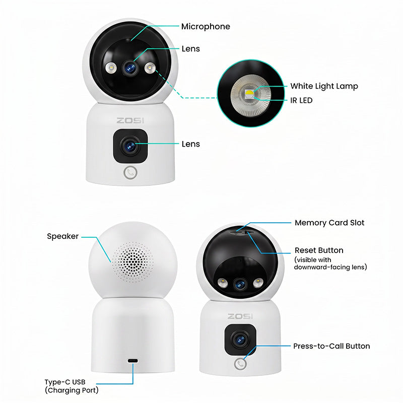 ZOSI Caméra de surveillance Wi‑Fi 2-en-1 pour l’intérieur, 2 MP (objectif) + 2 MP (objectif), vues à 360° avec double objectif, panoramique/inclinable, surveillance domestique