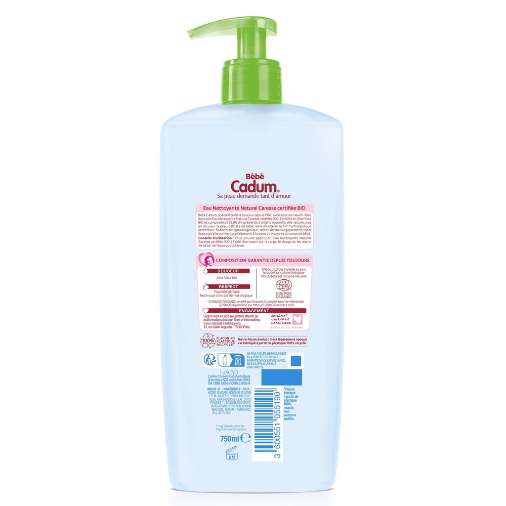 Cadum Eau Nettoyante Certifiée Bio Visage et Corps Natural Caresse Hypoallergénique Aloé Vera 750ml