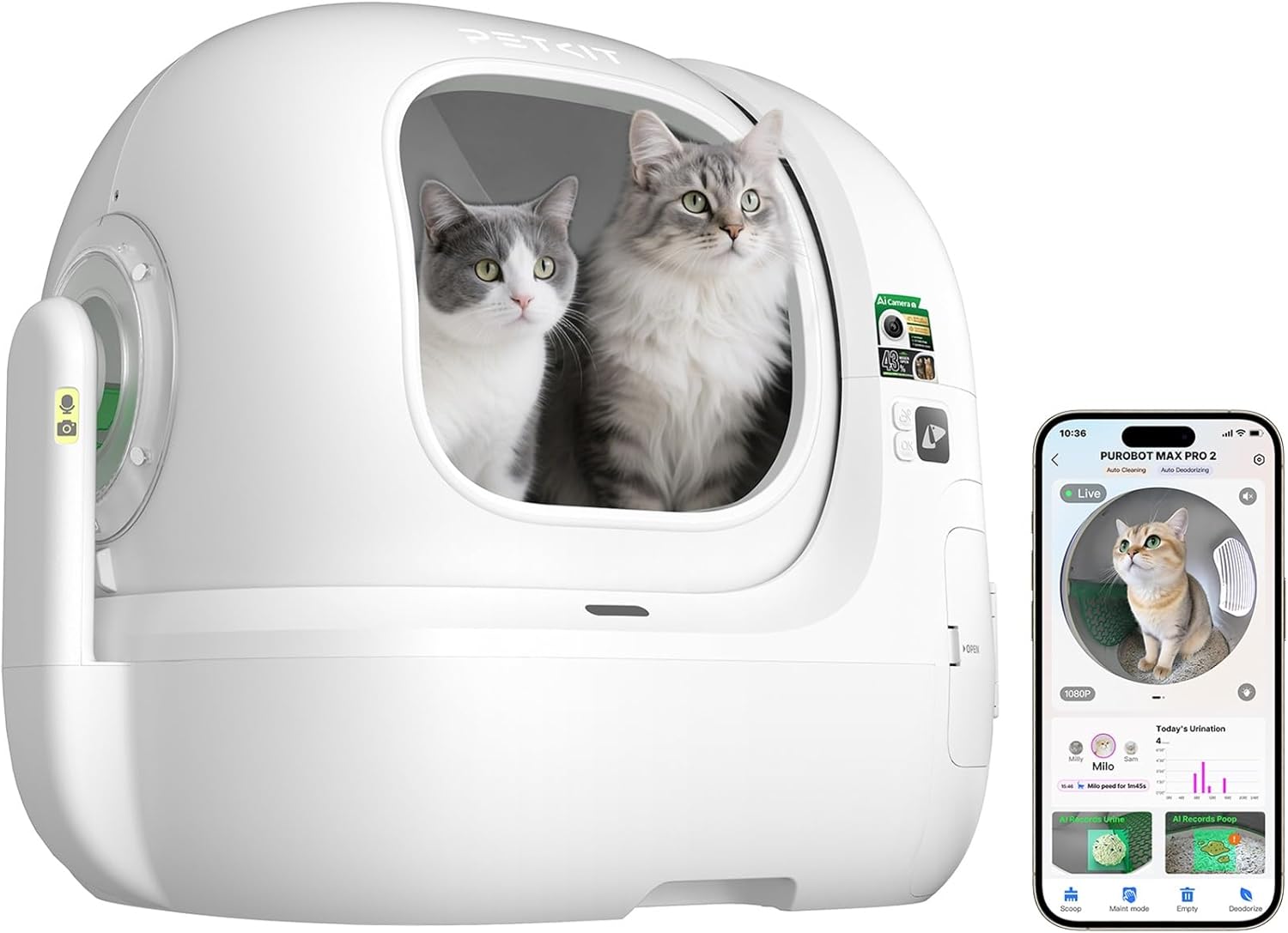 PETKIT Purobot Max Pro 2 avec Caméra Bac à Litière Automatique Autonettoyant pour Chat, Bac à Litière Contrôlé par Application avec Capteurs de Sécurité - UE