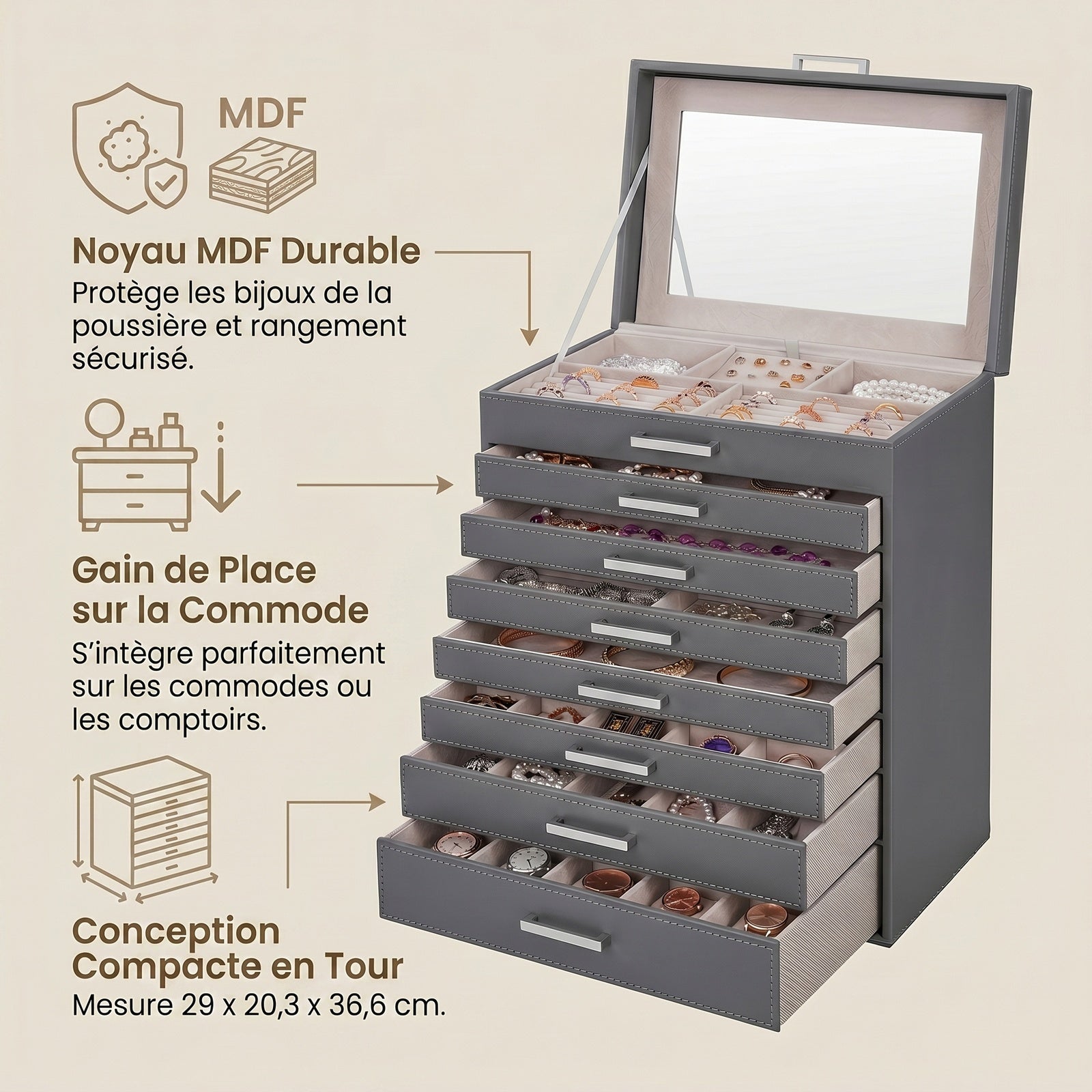 JOYFURNOS Grand Organisateur de Bijoux, Boîte à Bijoux à 8 Niveaux avec Miroir, 7 Tiroirs, Étui de Rangement Moderne, Idée Cadeau, Gris Foncé