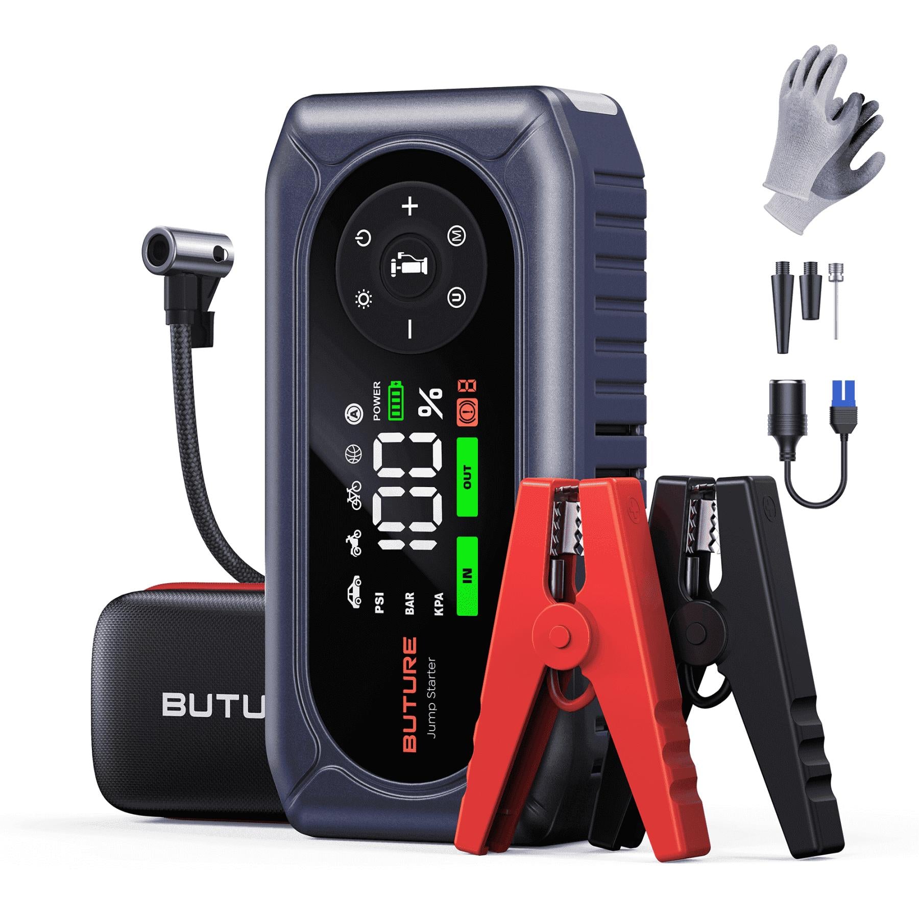 BuTure 4500A démarreur de secours pour voiture, avec compresseur d’air – démarreur de secours portable cinq-en-un pour batterie automobile