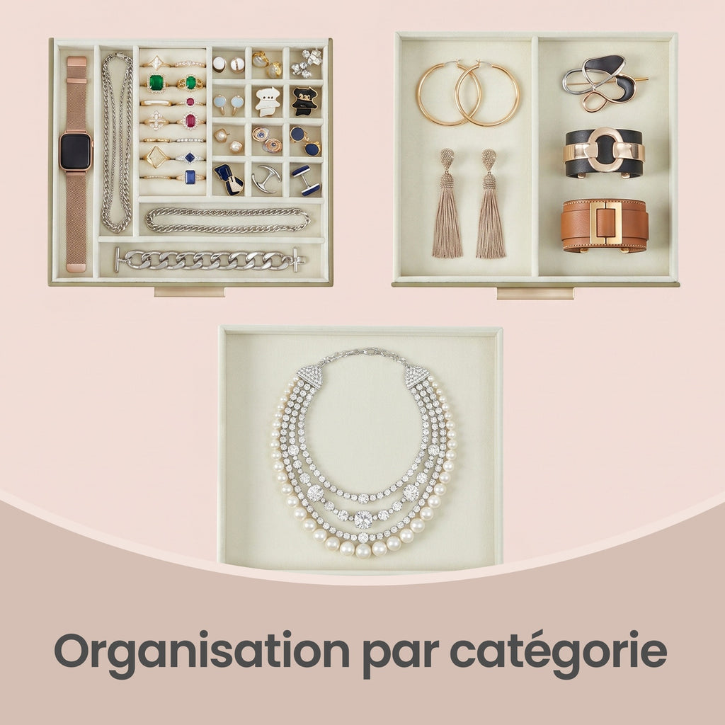 JOYFURNOS Boîte à bijoux avec couvercle en verre – Vert Sauge & Or, 3 niveaux, 2 tiroirs, organiseur de rangement moderne, taille 20,3 x 23,1 x 13,5 cm – excellente idée cadeau