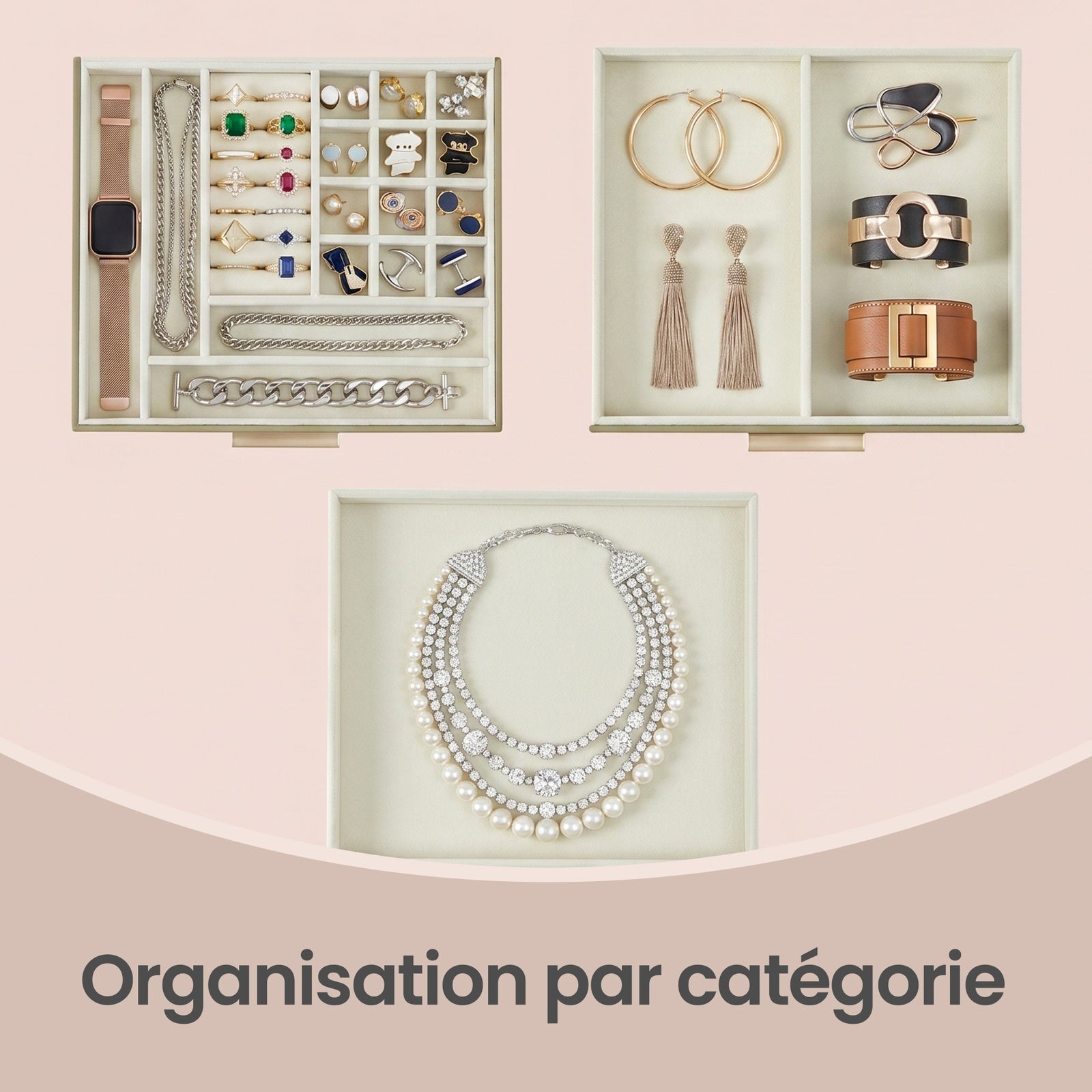JOYFURNOS Boîte à bijoux avec couvercle en verre – Vert Sauge & Or, 3 niveaux, 2 tiroirs, organiseur de rangement moderne, taille 20,3 x 23,1 x 13,5 cm – excellente idée cadeau