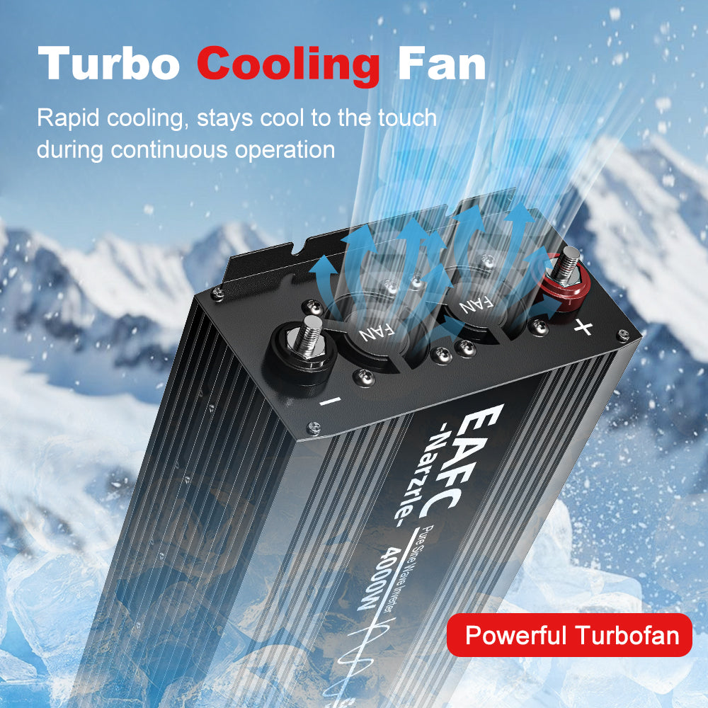 EAFC 4000 W Onduleur de puissance à onde pure (Pic 4000 W / Nominale 2000 W), Convertisseur 12 V CC vers 220 V CA avec double ventilateur de refroidissement intelligent