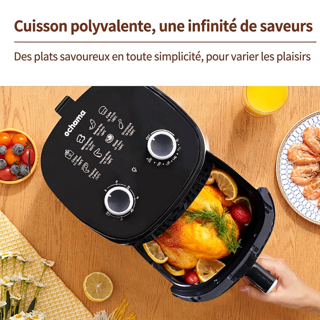 ochama Friteuse sans huile 3,2 L, friteuse électrique multifonction pour la maison, 1250 W, cuisson par air chaud, contrôle précis de la température et de la durée, intérieur antiadhésif