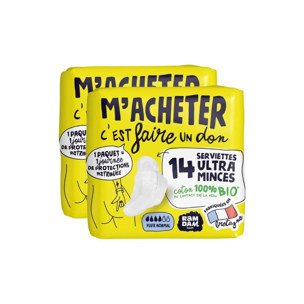 RAMDAM Serviettes Hygiéniques Ultra Fines Avec Ailettes Flux Normal Coton 100 % Biologique - 28 Unités (2 Paquets de 14)