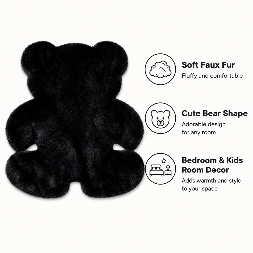 Tapis Ourson en Fausse Fourrure de Lapin Peluche Doux, 70x90 cm Tapis Shag Antidérapant, Tapis d'Appoint Mignon Noir pour Chambre d'Enfant, Chambre Bébé, Décoration de Chambre